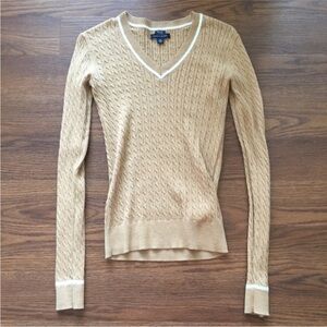 Excellent Condition Tommy Hilfiger Tan/Brown with White Stripe V-Neck Sweater XS